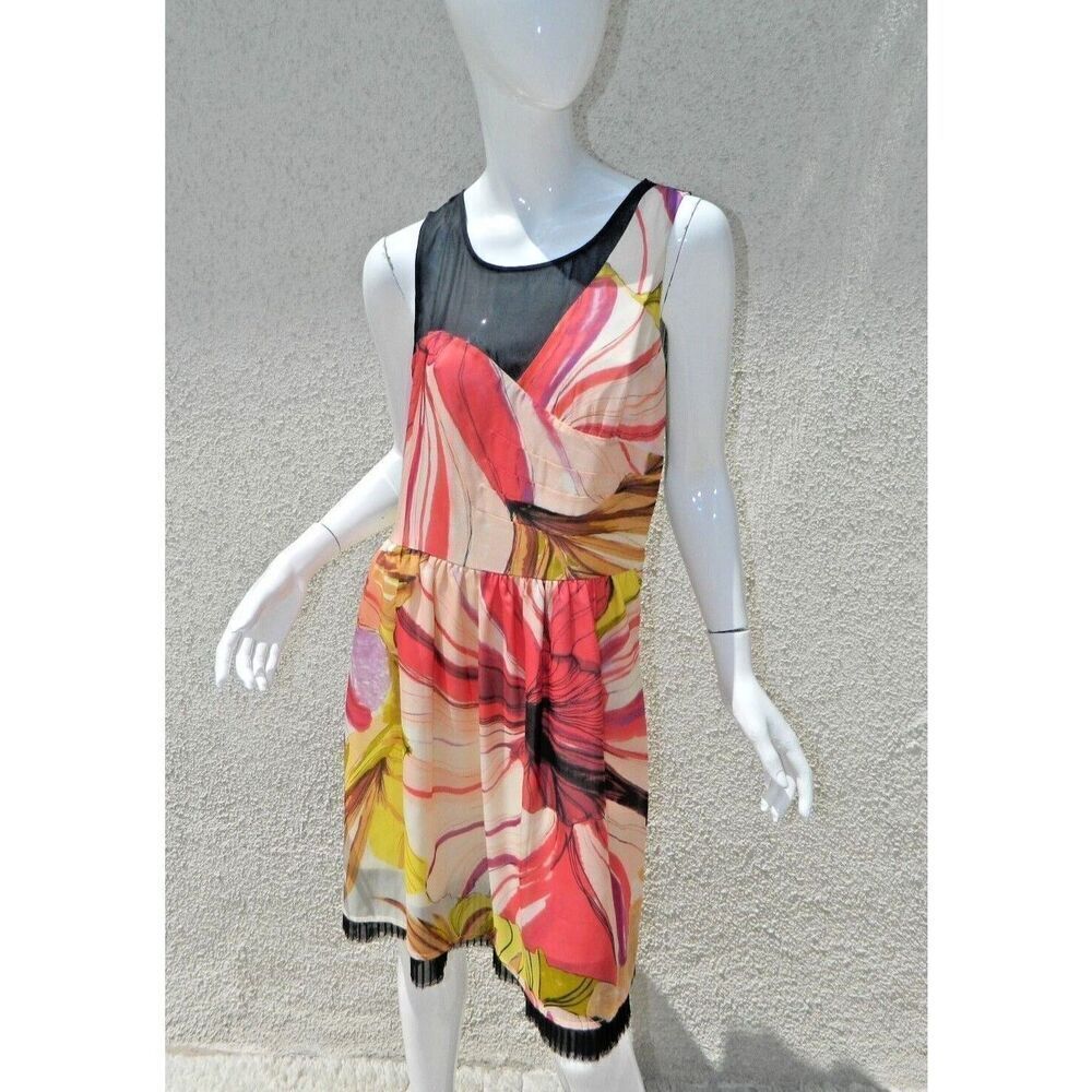Hype Dress ‎ Size 10 Pink Black Silk Watercolor Sleeveless Sheer Back
